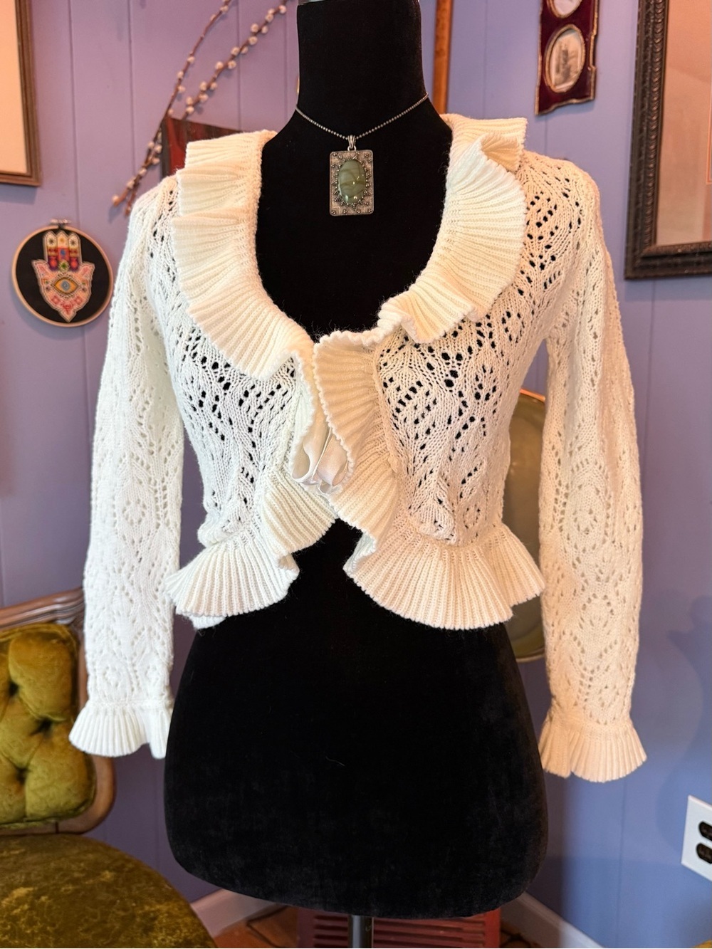 Vintage 90s/Y2K Amy Byer Coquette Cropped Crochet Ruffle Romantic Cardigan Sm